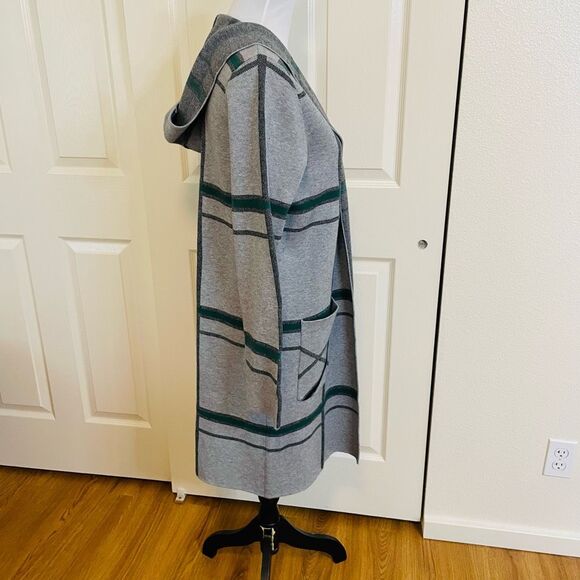 Anthropologie Oliver.O Open Front Hooded Cardigan Jacket Gray and Green Plaid Si - Picture 2 of 10